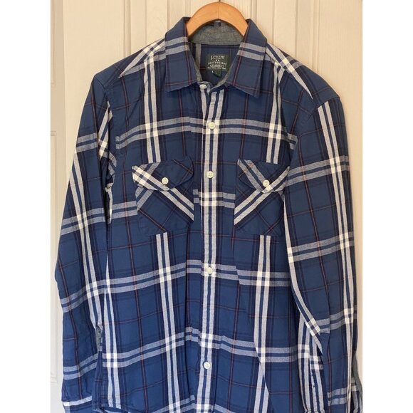 J Crew Men's L Button Up Blue Plaid Striped Shirt Long Sleeve Heavyweight - Picture 3 of 9